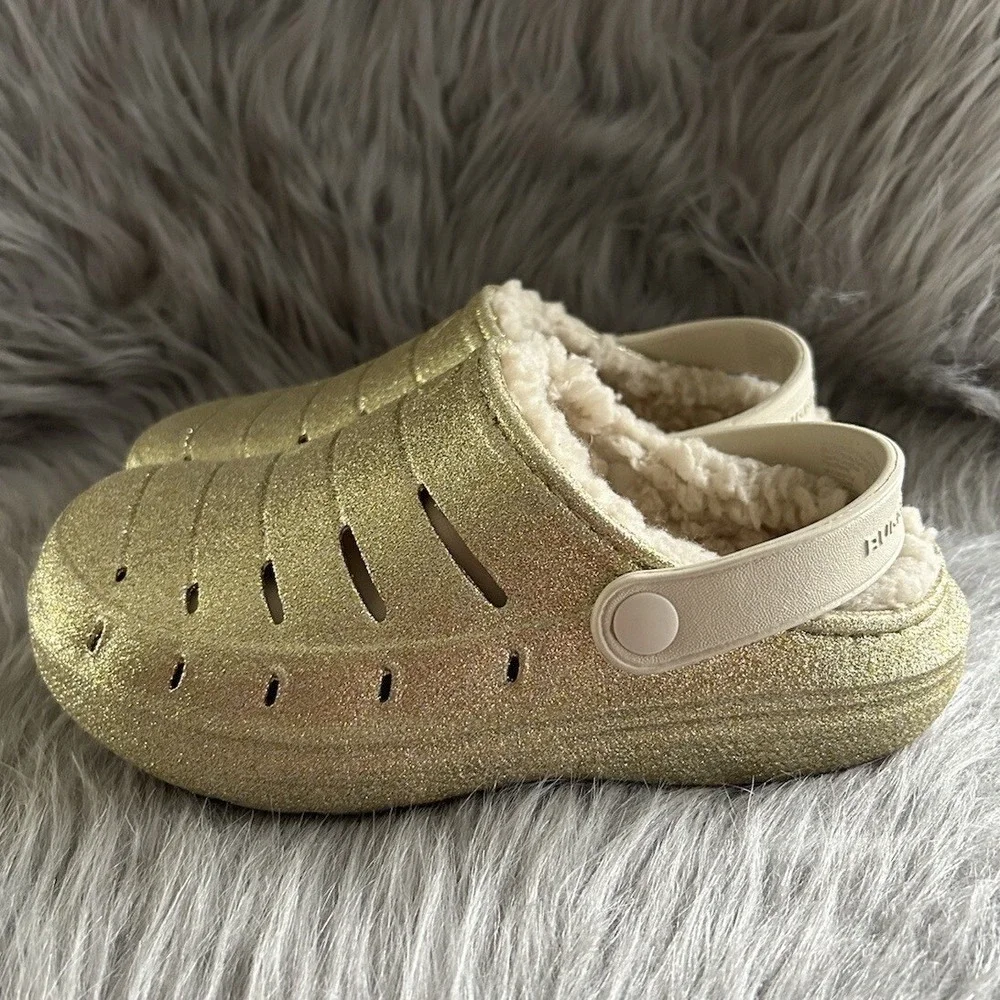 Rugged Shark Clogs Girls Size 2 Sparkly Gold Lined Slip On Shoes Sandals